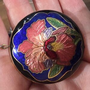Floral Enamel Pendant with Blue and Red Accents